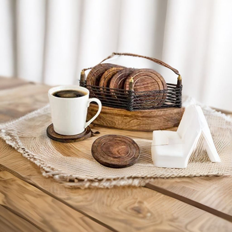 Wood Round Coaster Set With Holder